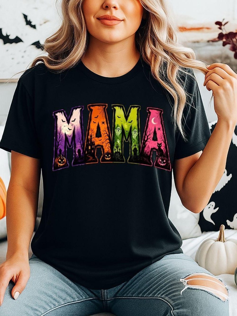 Gildan Black 'MAMA' Halloween Graphic Tee with Multicolor Letters
